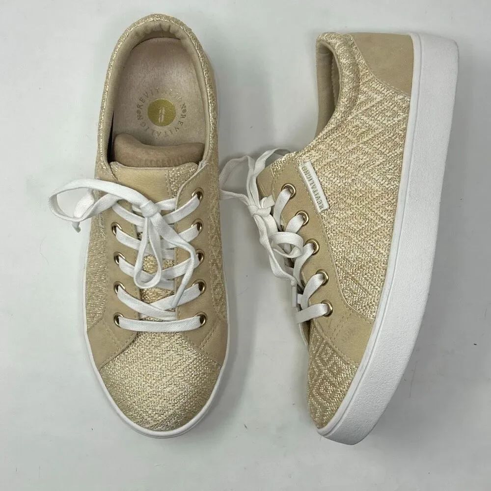 Spenco Revitalign Lace Up Sneakers Sz 7 Tan Metallic Gold Comfort Orthotic